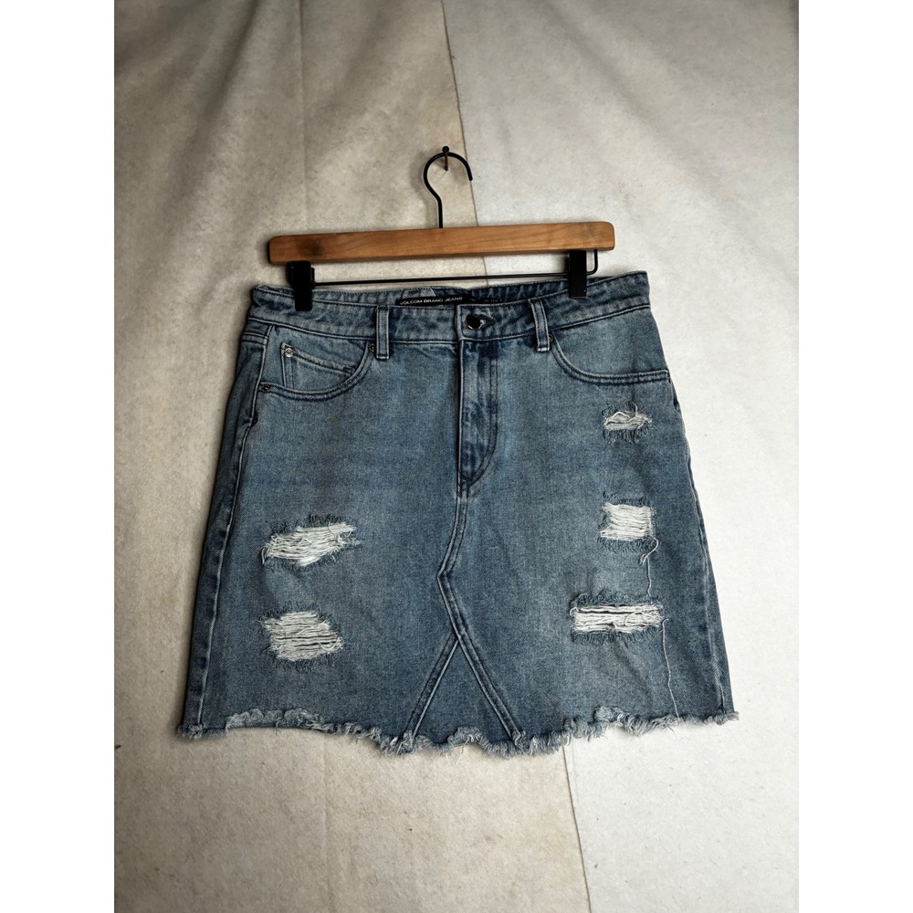 Volcom Brand Jeans Blue Distressed Denim Mini Skirt High Rise Frayed Hem Size 10